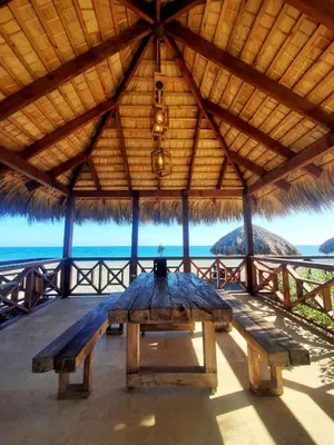 a picnic table under a straw roof on the beach at Serendipia Hotel Nizao in Nizao