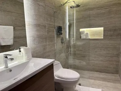 a bathroom with a shower and a toilet and a sink at Caonabo35 Elegancia Boutique en Santo Domingo 7 in Santo Domingo