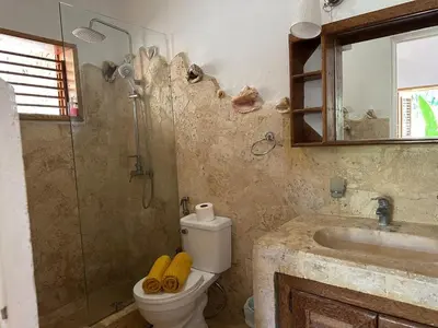 a bathroom with a toilet and a shower and a sink at Guest-Room 2 Palmeras - 2 Pax, 5 Min de La Playa in Las Galeras