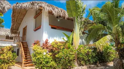 a house on the beach with a palm tree at Guest-Room 2 Palmeras - 2 Pax, 5 Min de La Playa in Las Galeras