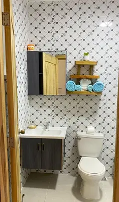 a bathroom with a toilet and a sink and a mirror at Dani's Guesthouse in Las Galeras