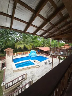 an overhead view of a swimming pool in a backyard at Villa Doña Macha