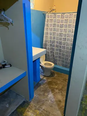 a blue bathroom with a toilet and a shower curtain at the Count of Villa Rosa in La Ceiba