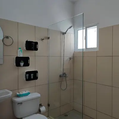a bathroom with a shower and a toilet at Azure Breeze Hotel in Bayahibe