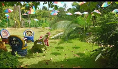 a group of chairs sitting in the grass with umbrellas at Las Amapolas, Saman typical houses in Las Galeras