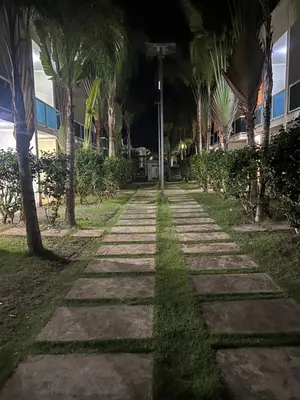a walkway with palm trees in front of a building at Bienvenue chez soi in Boca Chica
