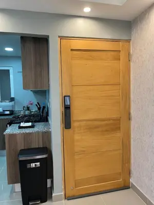 a wooden door in a kitchen with a trash can at Moderno Apartamento Boca Chica, 5 minutos del Aeropuerto in La Caleta