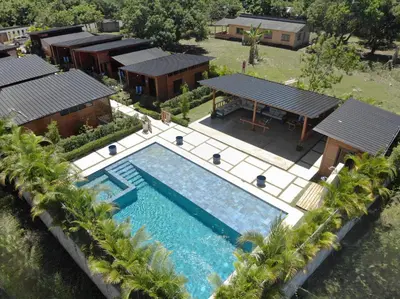 an aerial view of a house with a swimming pool at Villa Dulce Refugio in Cabrera