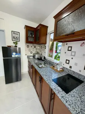 a kitchen with a black refrigerator and a sink at Apartamento acogedor con cocina y balcón privado in Bayahibe