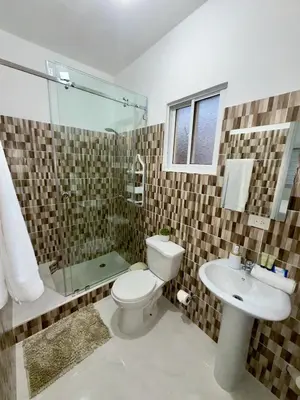 a bathroom with a toilet and a sink and a shower at Apartamento acogedor con cocina y balcón privado in Bayahibe