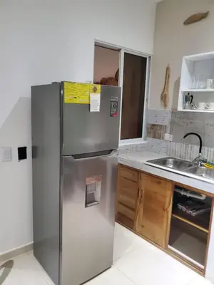 a kitchen with a stainless steel refrigerator and a sink at Residencia AKKMA - Autentico y dominicano con AC in Las Terrenas