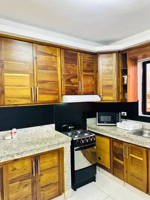 a kitchen with wooden cabinets and a stove top oven at Apartamento en la romana residencial los García I in La Romana