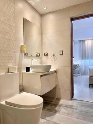 a bathroom with a white toilet and a sink at Elegant City-Center Luxury Apt in Santo Domingo