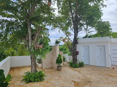 two trees in front of a white garage at Mireyas Sweet Escape with private Jacuzzi in Las Terrenas