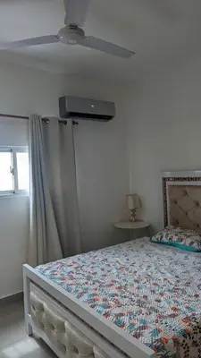 a bedroom with a bed with a ceiling fan at Mitaly apartamentos RD H in Santo Domingo