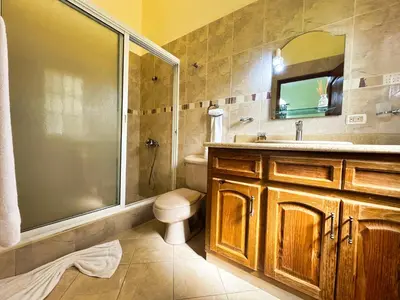 a bathroom with a shower and a toilet and a sink at Residencial Hispaniola2 MastersMaidPoolBBQ in Sosúa