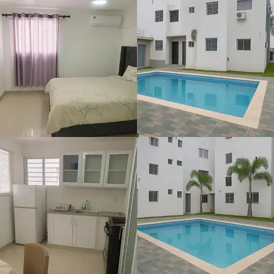a collage of photos of a bedroom and a swimming pool at Relax cibao airport stay in Santiago de los Caballeros