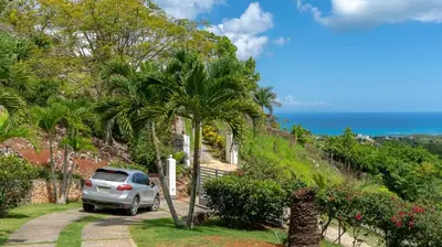 a car parked in front of a house with a palm tree at Casa Las Piedras in Las Terrenas