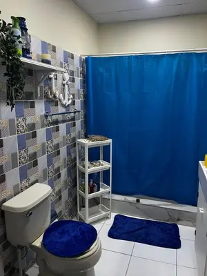 a bathroom with a toilet and a blue shower curtain at Villa Del Risco - House on the Beach in Boca Chica