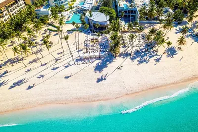 an overhead view of a beach with palm trees and the ocean at Elegant Cocotal 2BD Condo in Punta Cana