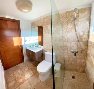 a bathroom with a toilet and a shower and a sink at Residencial la ensenada, on Playa Nueva Romana