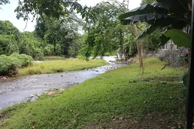 a river in a grassy field next to a creek at Emerald Vue - Private river entrance in Jarabacoa