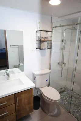 a bathroom with a toilet and a shower and a sink at Emerald Vue - Private river entrance in Jarabacoa