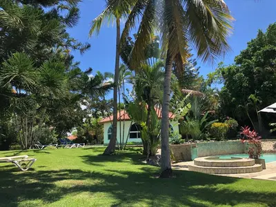 a yard with palm trees and a house at Villa twin palm in Sosúa