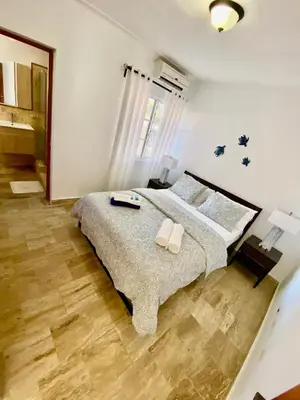 a bedroom with a large bed with two pillows on it at Vista del Sol Pool and Beach los Corales Rd in Punta Cana