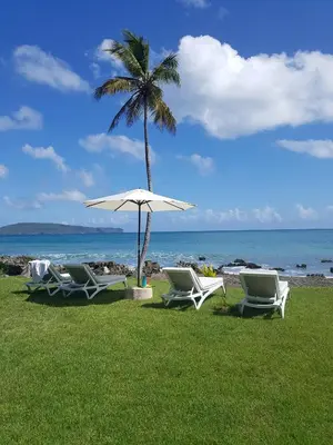 a group of chairs and an umbrella on the beach at Villa Los Gorgones in Las Galeras