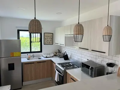 a kitchen with stainless steel appliances and two pendant lights at Swim up and Beach Getaway at White Sands in Punta Cana