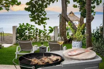 a grill with a plate of shrimp and a glass of wine at Bayshore 76 Beachfront Villa Palmar de ocoa in Palmar de Ocoa