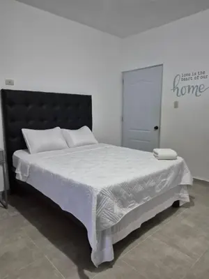 a bedroom with a large bed with a black headboard at ENE Apartments Nagua 1B in Nagua
