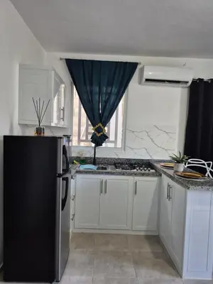 a kitchen with white cabinets and a black refrigerator at ENE Apartments Nagua 1B in Nagua