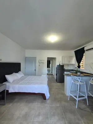 a large bedroom with a bed and a kitchen at ENE Apartments Nagua 1B in Nagua
