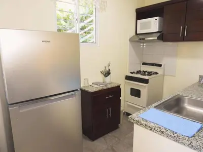 a kitchen with a refrigerator and a stove top oven at Majestic View Apartment II in San Felipe de Puerto Plata
