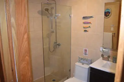 a bathroom with a shower and a toilet and a sink at El Sueño, Breathtaking Ocean Front, Juan Dolio in Guayacanes