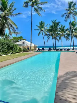 a pool with palm trees and the ocean in the background at Cozy Beach Front Condo, Pool in La Puntica de Juan Dolio