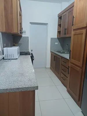 a kitchen with wooden cabinets and a counter top at Sunset Apartment Beach Residences Steps from the Beach in Puerto Plata