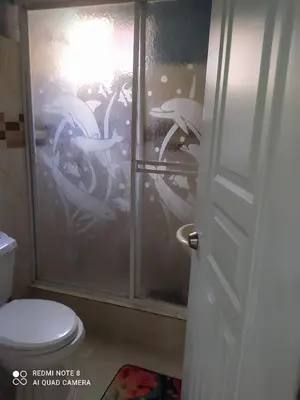a bathroom with a glass shower with a toilet at Don Carlos Recidencia