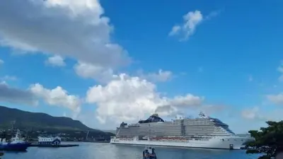 a cruise ship is docked in the water at 4 bedroom villa, private pool, ocean view, security in Sosúa