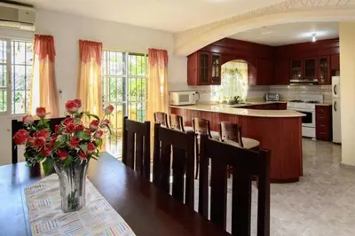 a kitchen with a table with a vase of flowers on it at The Three Sisters Villa in Puerto Plata