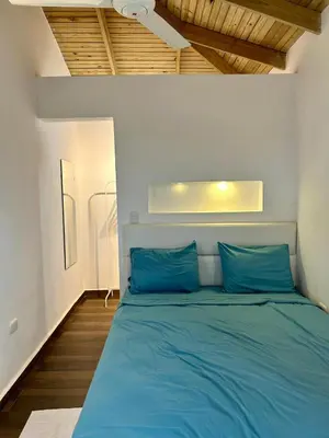 a bed with blue pillows in a room at Villa ana in Colorado