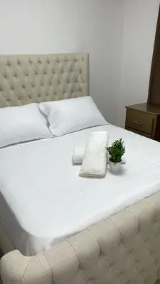 a large white bed with two pillows and a plant on it at Colinas del arroyo in Santo Domingo