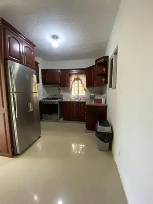 a kitchen with wooden cabinets and a stainless steel refrigerator at Casa veraniega en samana in Santa Bárbara de Samaná