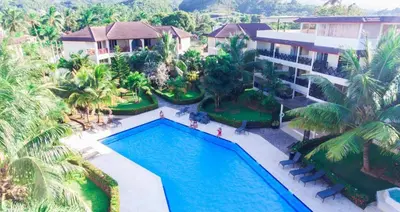 an aerial view of a resort with a swimming pool at LTH Las Terrenas Hotel in Las Terrenas