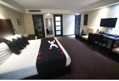 a hotel room with a bed with a dog decoration on it at LTH Las Terrenas Hotel in Las Terrenas