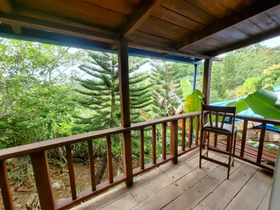 a balcony with a chair and a view of a forest at Montaña viva in Sánchez