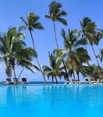 a swimming pool with palm trees and the ocean at comfortable apartment in La Puntica de Juan Dolio