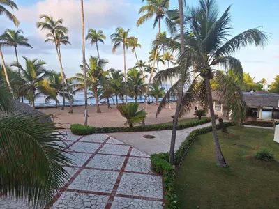 a pathway with palm trees on a beach at marina view in La Puntica de Juan Dolio